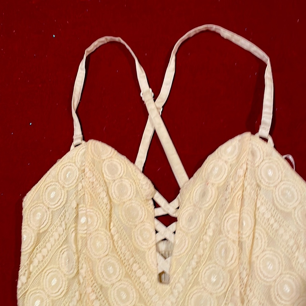 Guess Ivory White Lace Linear Dot Dress Smocked Back Mini V Neck Cotton 2 NWT - Picture 4 of 12